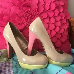 Nude pumps with Pink heel and Yellow sole